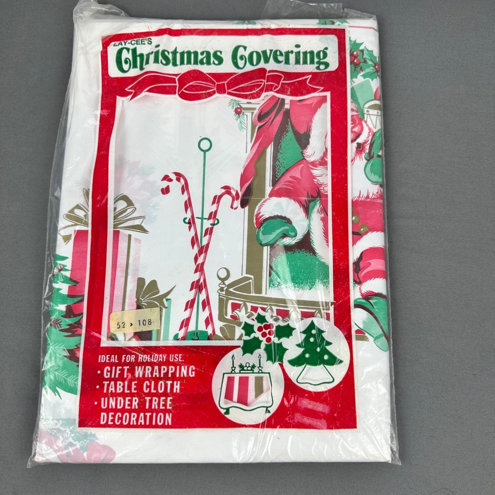 Vintage Lay-Cee's Christmas Covering 52x90", Bells Poinsettias Tablecloth